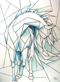 Pferd blau-wei&szlig;, abstrakt, Pastellkreidezeichnung, Grunwald