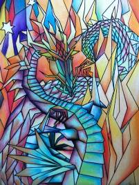 Drachen abstrakt, bunt, Pastellkreidezeichnung, Grunwald