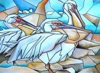 Pelikane an Riff, abstrakt, Pastellkreidezeichnung, Grunwald